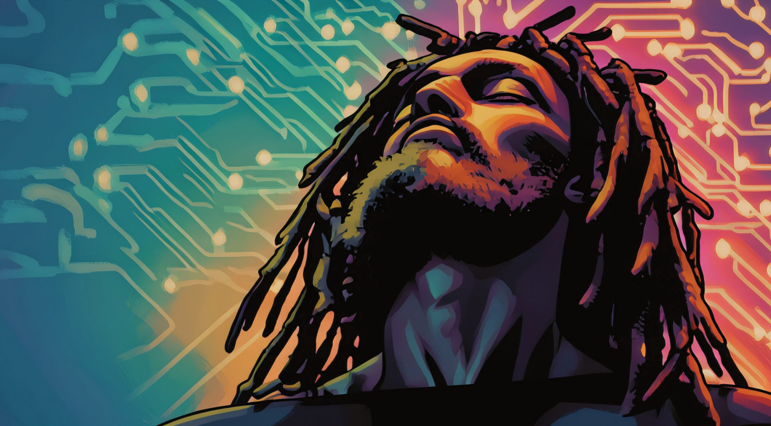 Digital illustration of a man with dreadlocks looking upward with closed eyes, set against a background of glowing electronic circuit board lines in teal, orange, and pink.