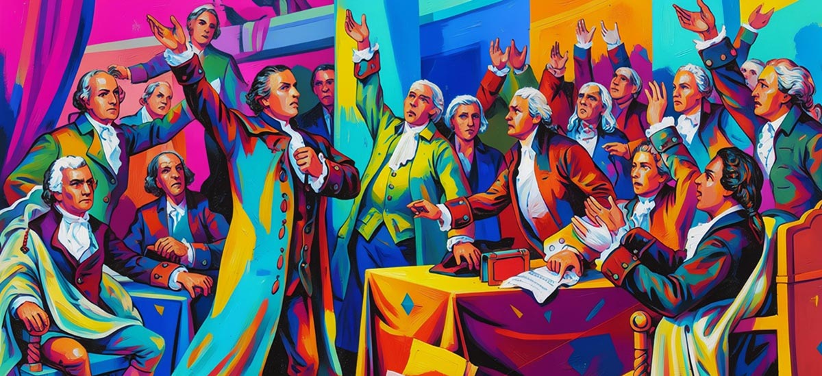Colorful painting of 18th-century men in an assembly hall. A central figure stands with one arm raised as if speaking to the group while others observe.