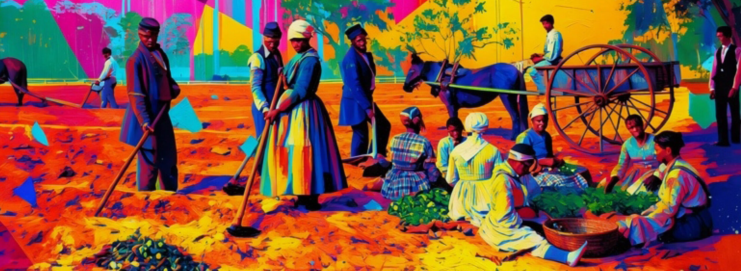 Vibrant painting of Black men and women working in a field with hoes. A horse-drawn cart and a figure on a horse appear in the background.