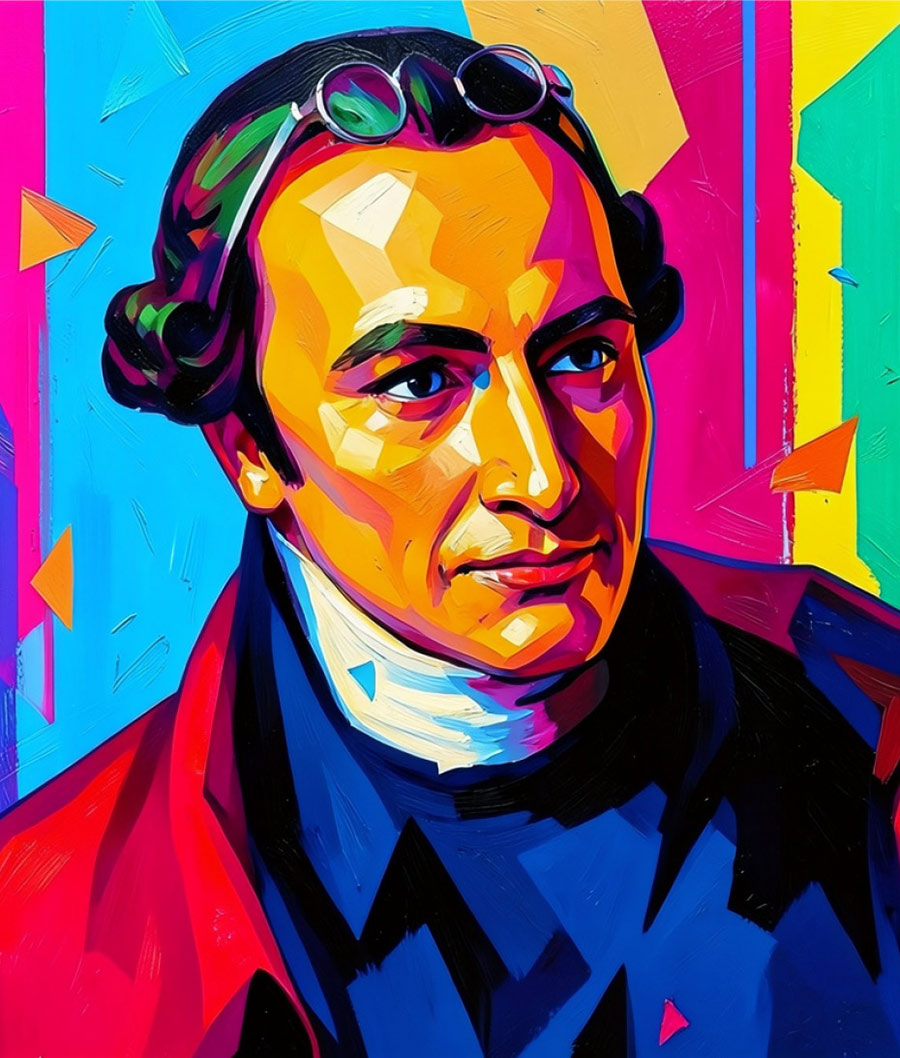 Stylized, multi-colored portrait of Patrick Henry with spectacles resting on his forehead, set against a bright geometric background.