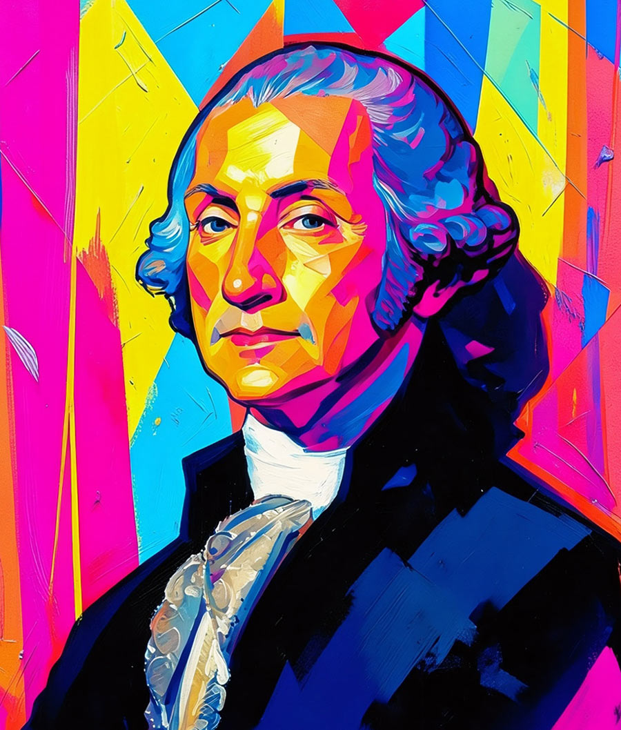 Vibrant painting of George Washington in 18th-century attire with pink, yellow, and blue highlights and geometric patterns.