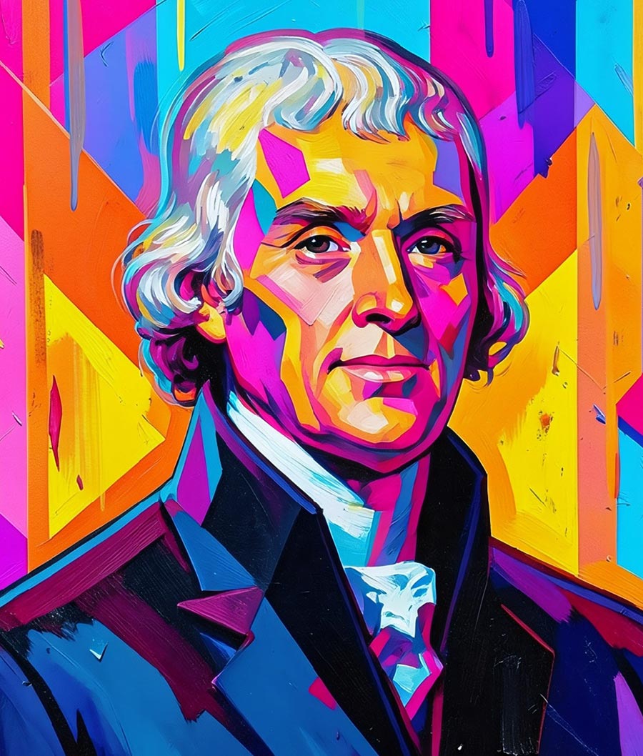 Multi-colored portrait of Thomas Jefferson wearing a dark coat and cravat, rendered with vibrant geometric shapes.