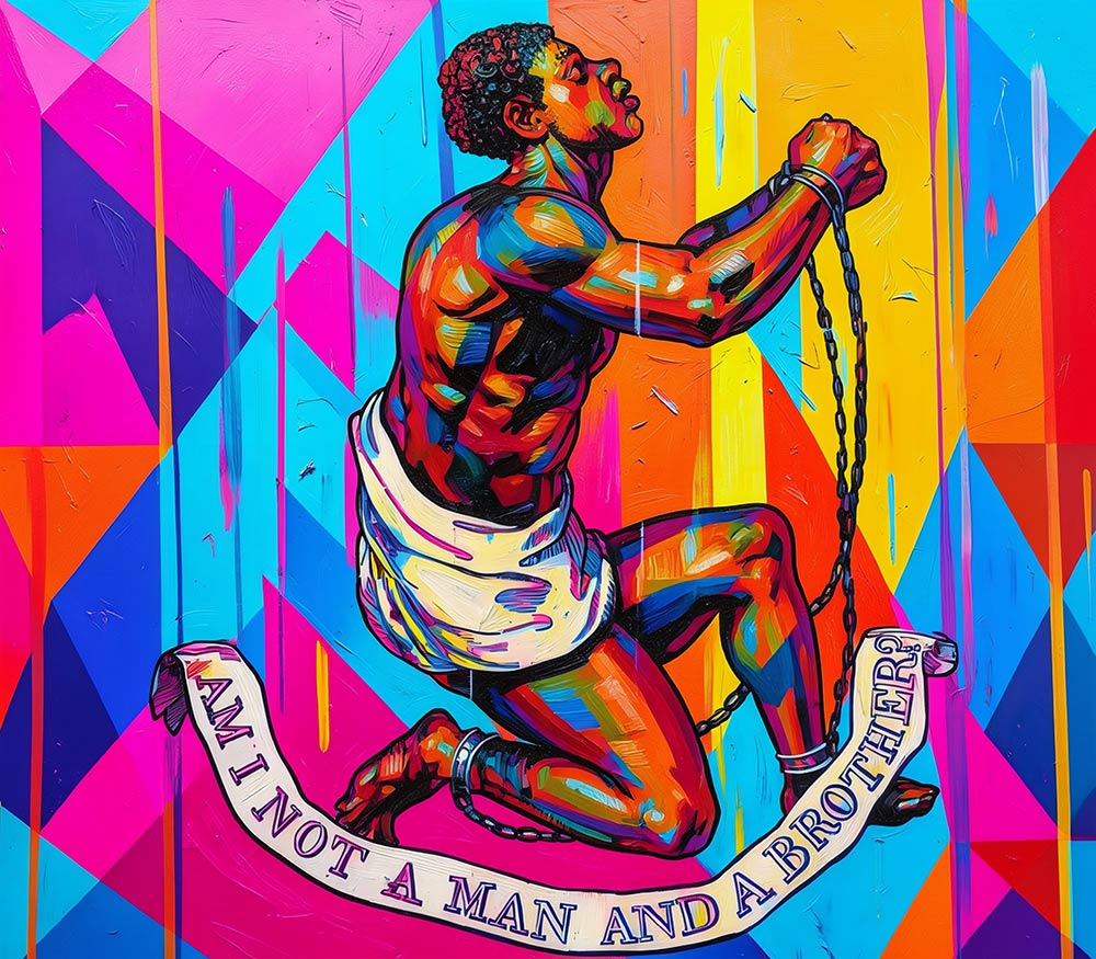 Vibrant painting of a kneeling Black man in chains. A banner at his feet reads “AM I NOT A MAN AND A BROTHER?”