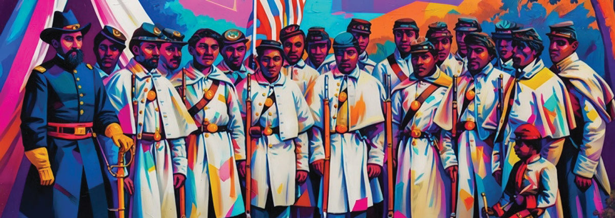 Colorful painting of a group of Black soldiers in 19th-century military uniforms standing beside a white officer in front of a tent.