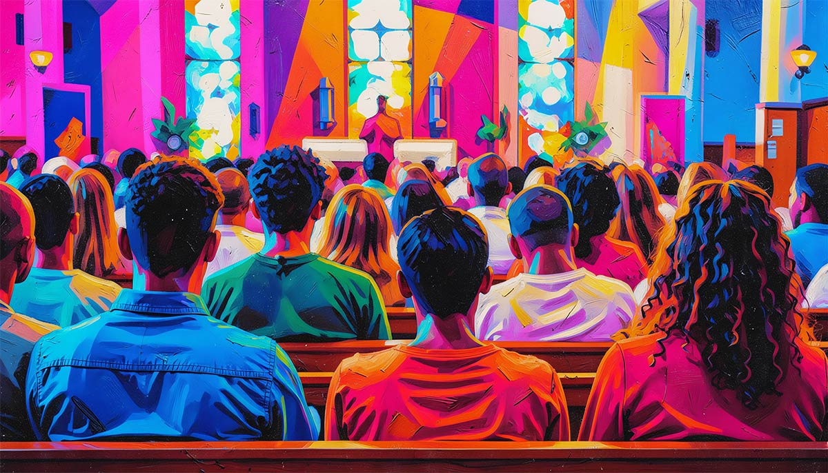 Vibrant painting from the perspective of a seated congregation in a church, looking toward a figure at the pulpit and stained-glass windows.