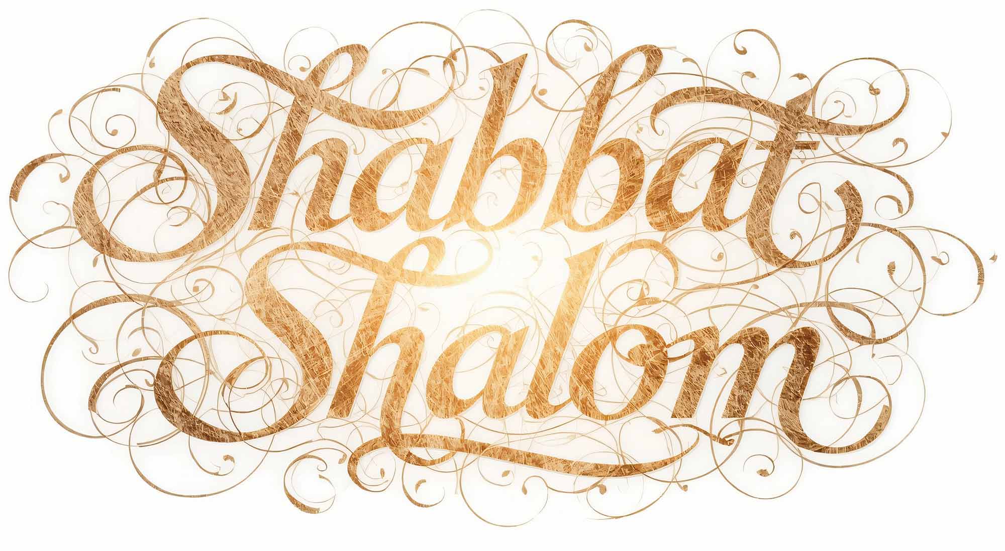 Decorative golden script lettering reading "Shabbat Shalom" surrounded by intricate flourishes on a white background.