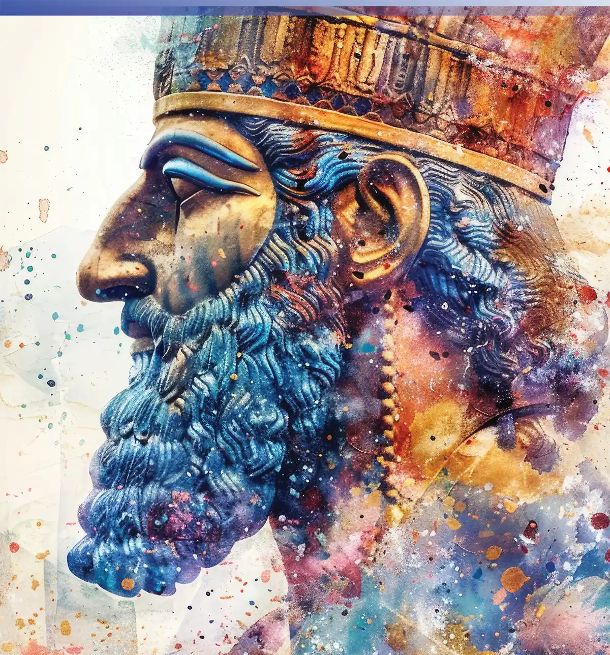 A vibrant watercolor profile of an ancient king with a stylized blue beard and golden crown, accented by colorful paint splatters.