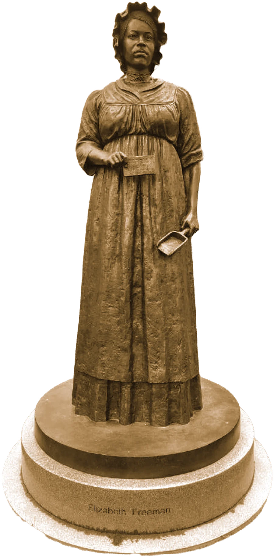A sepia-toned low-angle shot of a bronze statue of Elizabeth Freeman, a Black woman wearing a bonnet and holding a document.