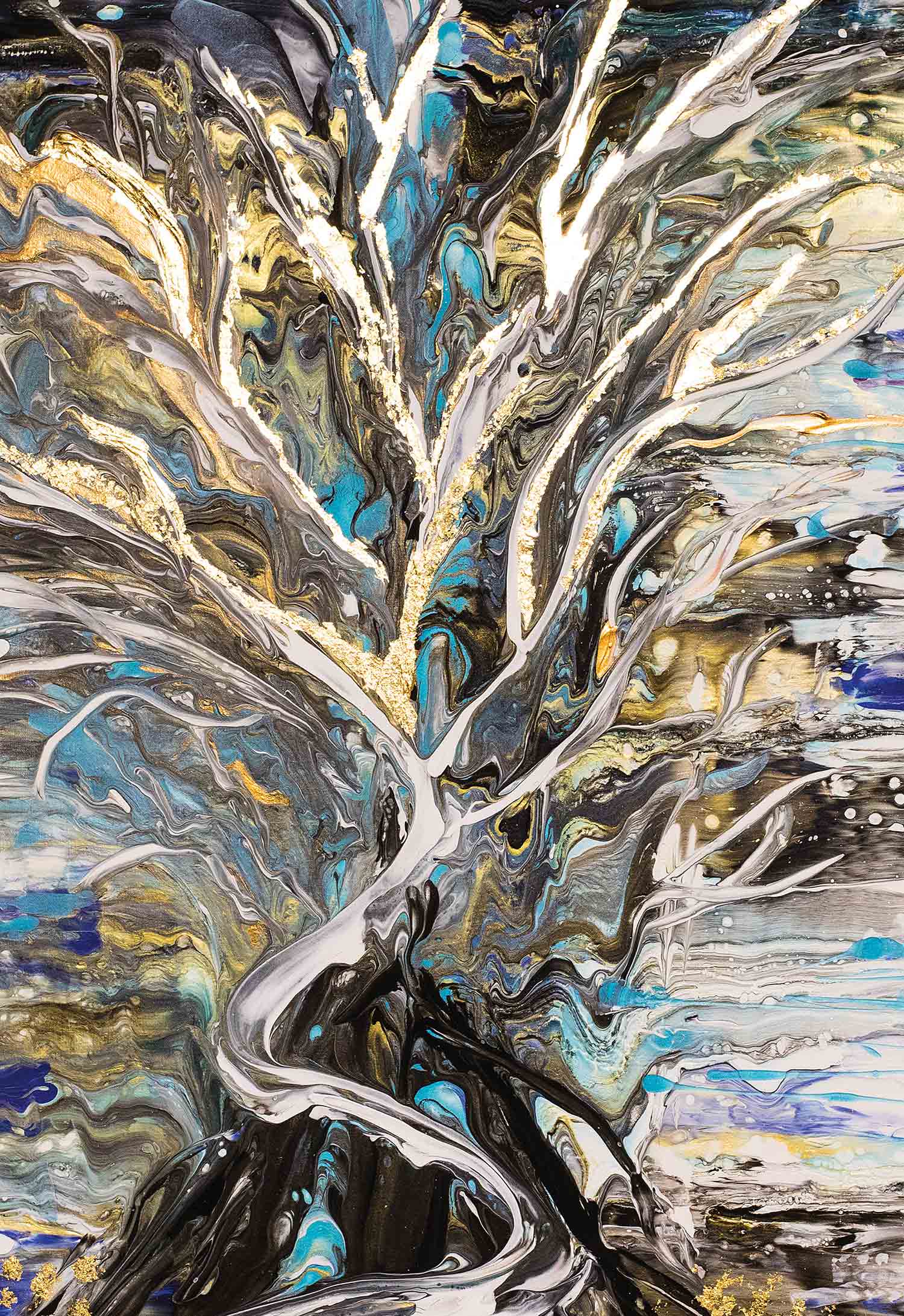 Abstract fluid paint artwork forming a tree silhouette with gold foil accents and blue tones.