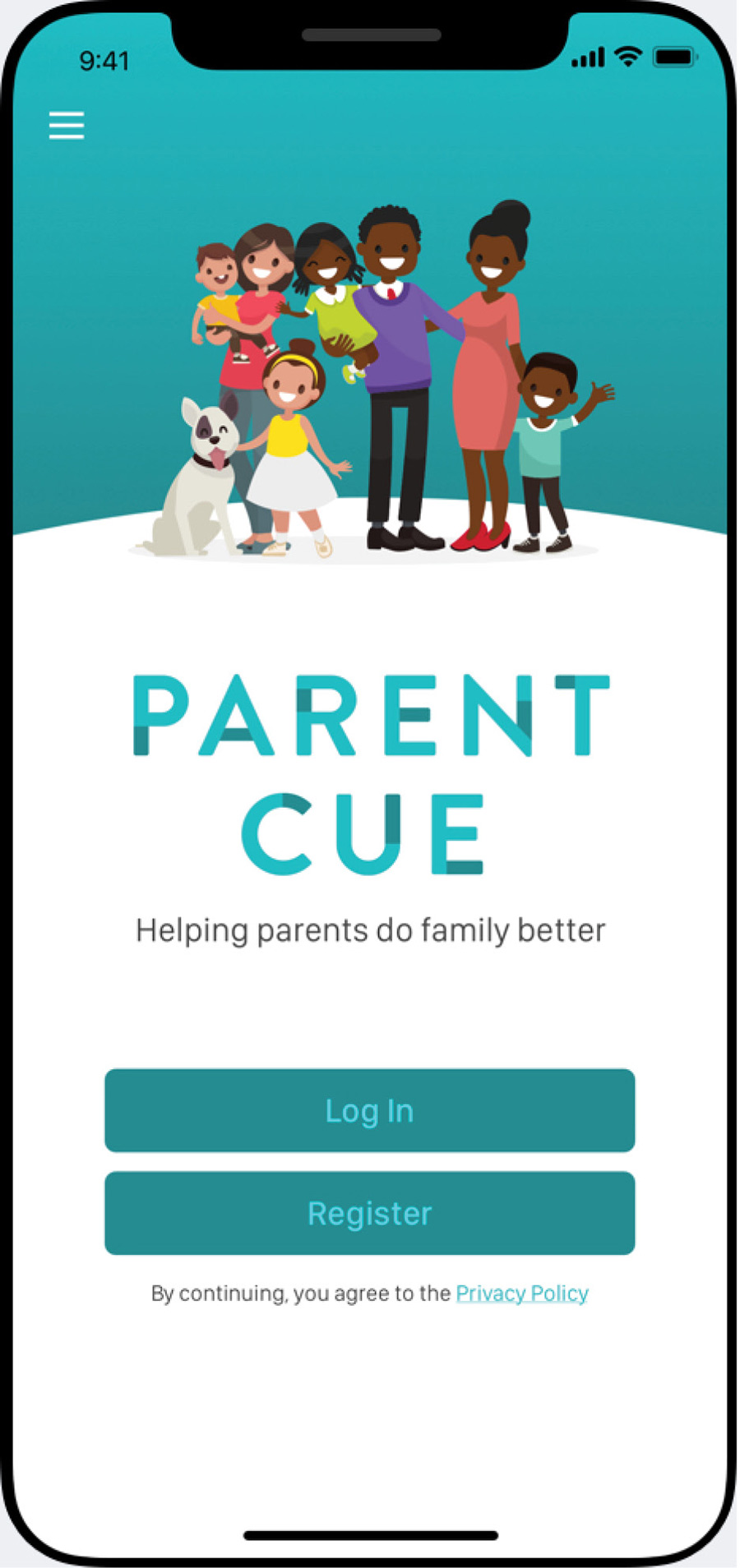 Smartphone screen showing the Parent Cue app splash page with an illustration of a diverse family and pet dog.