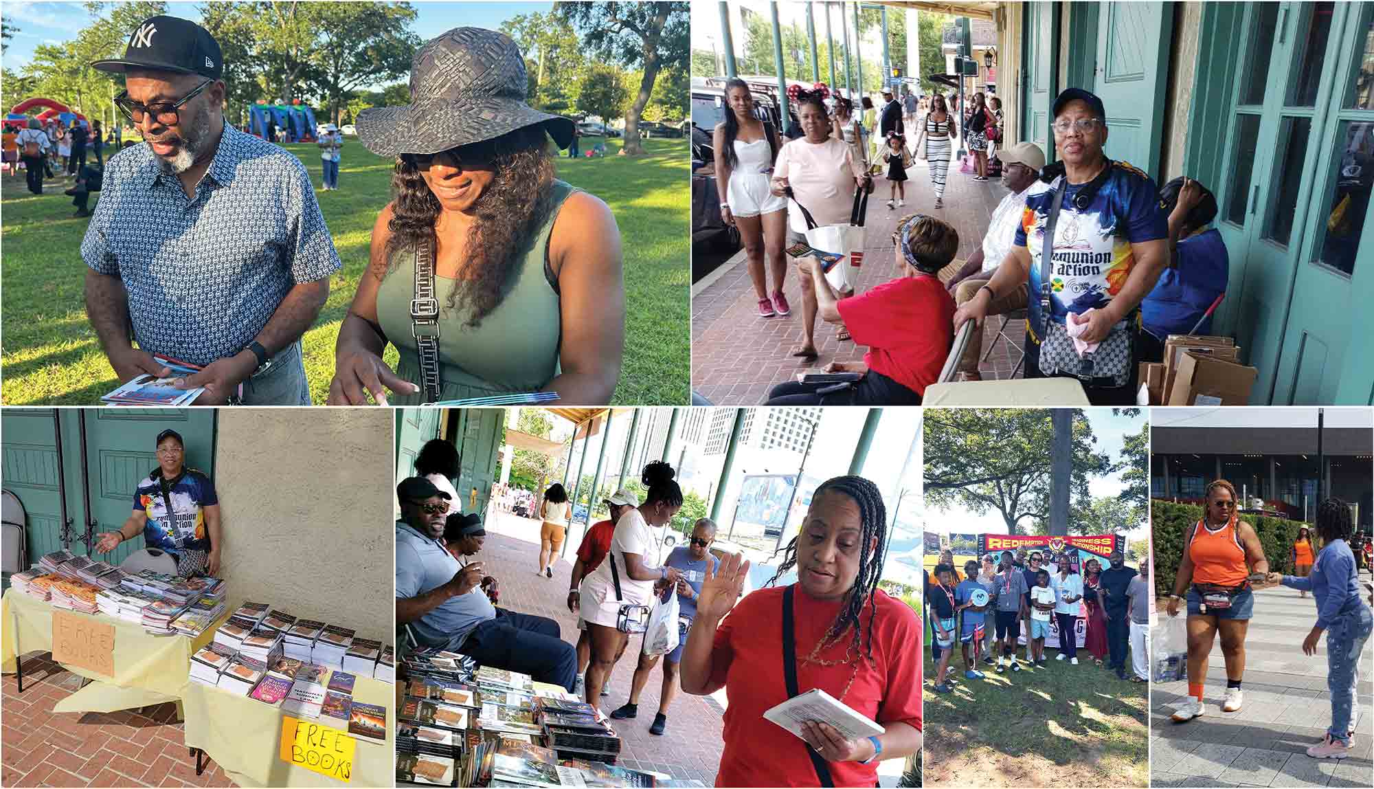 Photo collage showing people gathering and handing out free literature at a community event.