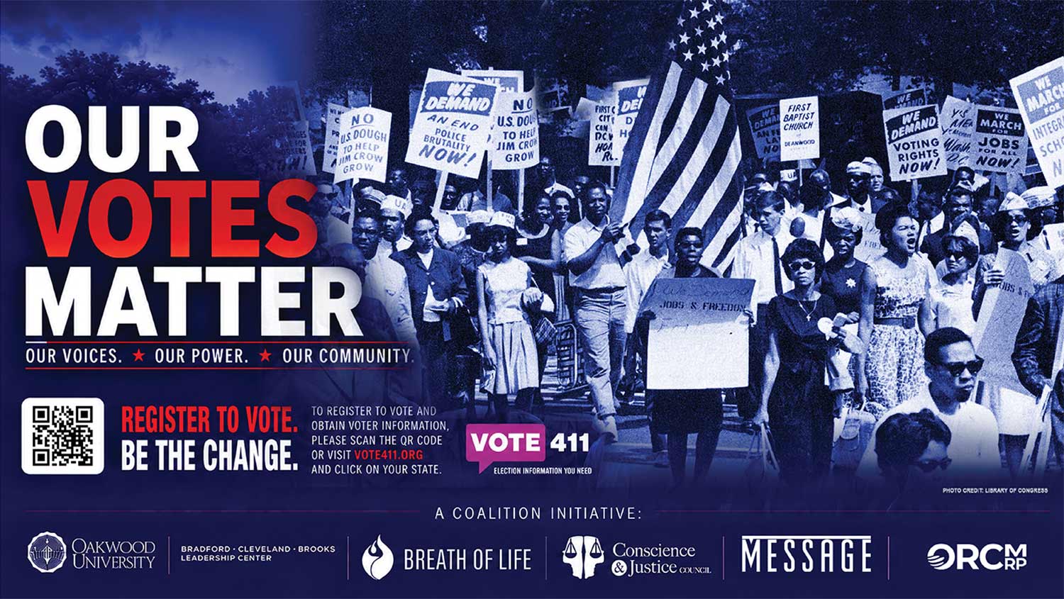 Historic photo of Civil Rights marchers paired with voter registration text and organizational logos.