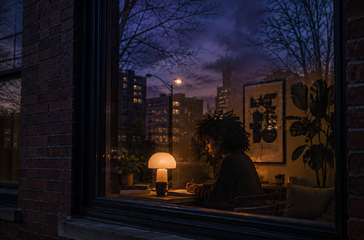 View through a window of a woman with dreadlocks writing at a desk illuminated by a mushroom lamp at dusk.