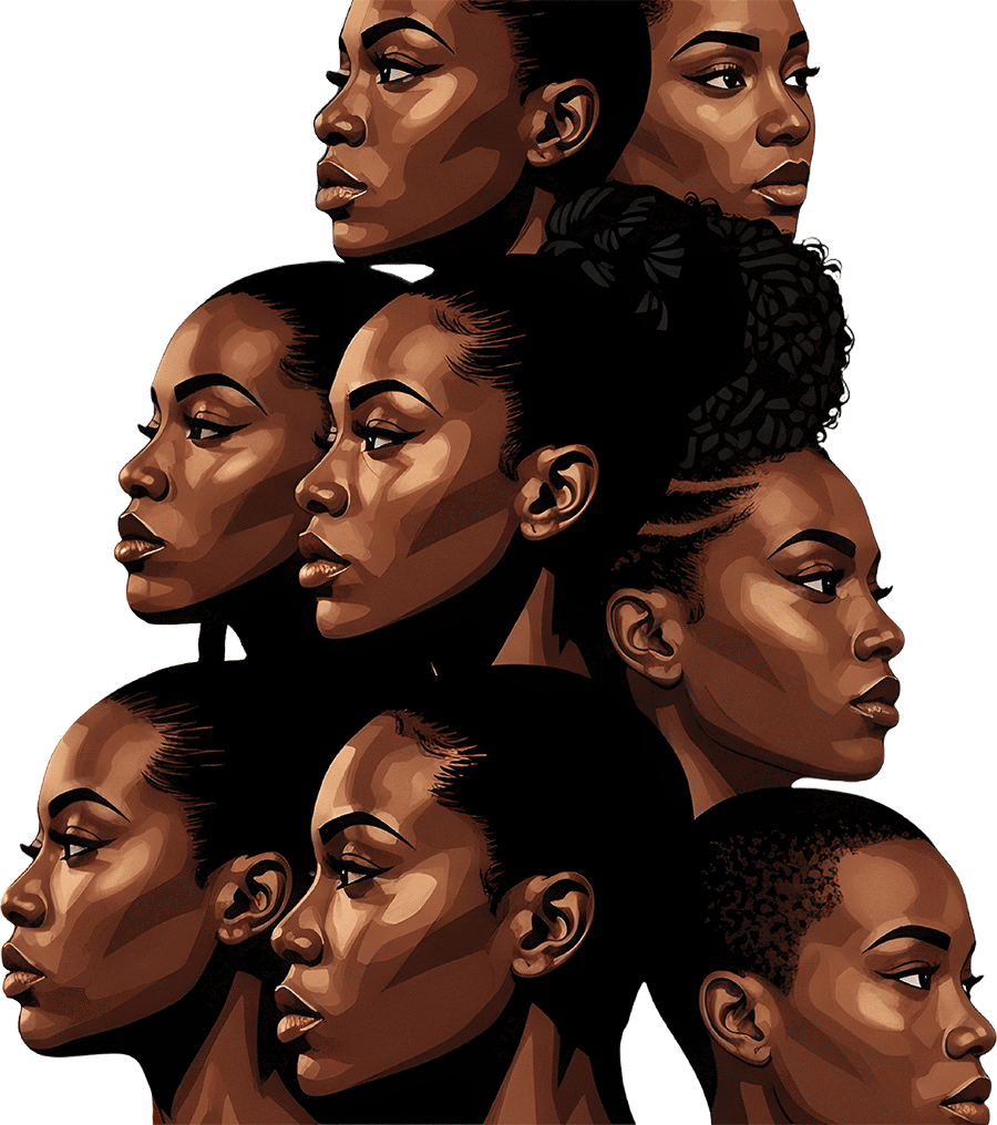 An illustration featuring profile portraits of multiple Black women arranged together against a white background.